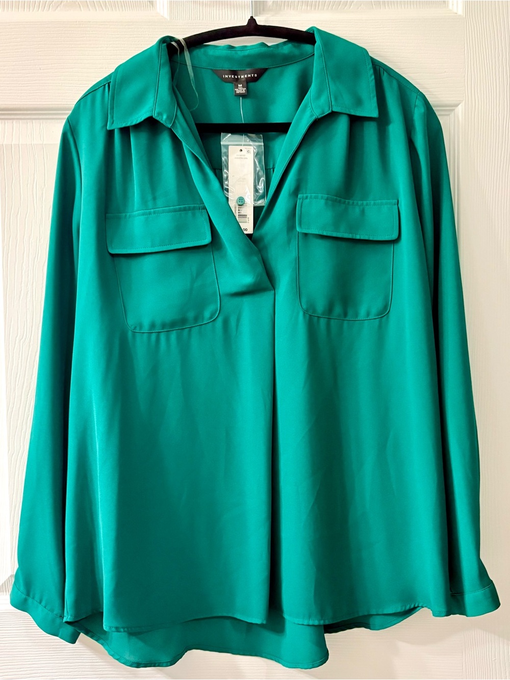 Investments Teal Green Buttonless V-Neck Blouse size M NWT